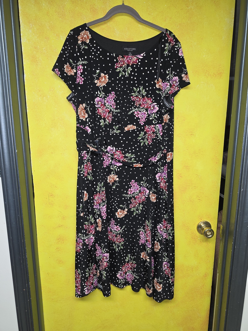 Perceptions Black Floral Polka Dot Midi Dress